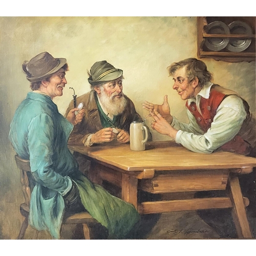 413 - CURT A. LANDWEHR, GERMAN, 1920 - 1988, A GERMAN OIL ON CANVAS 
Group portrait, titled ‘A Telling Poi... 