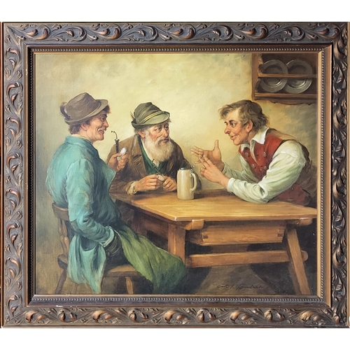 413 - CURT A. LANDWEHR, GERMAN, 1920 - 1988, A GERMAN OIL ON CANVAS 
Group portrait, titled ‘A Telling Poi... 