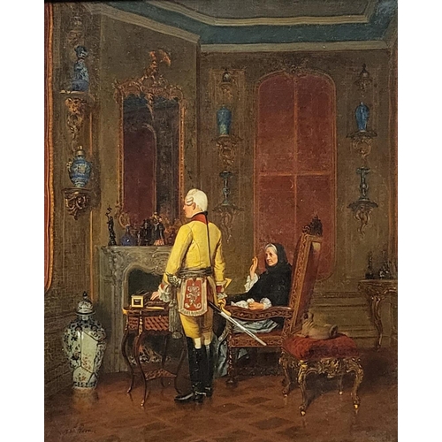 414 - ALEXANDER FRIEDRICH WERNER,GERMAN 1827-1908,AN OIL ON CANVAS INTERIOR SCENE
Titled 'An Officer and A... 