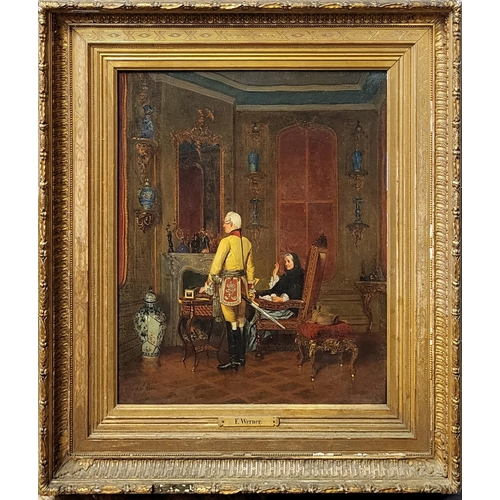 414 - ALEXANDER FRIEDRICH WERNER,GERMAN 1827-1908,AN OIL ON CANVAS INTERIOR SCENE
Titled 'An Officer and A... 