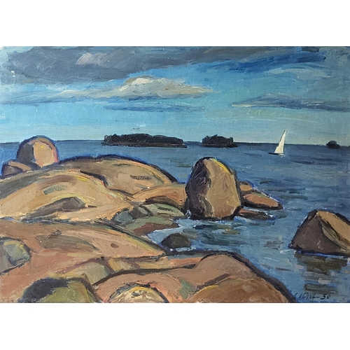 415 - SEPPA ARINA, FINLAND, BN 1922, OIL ON CANVAS 
Coastal scene, sailboat with boulders, signed lower ri... 