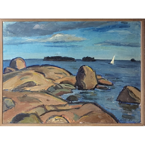 415 - SEPPA ARINA, FINLAND, BN 1922, OIL ON CANVAS 
Coastal scene, sailboat with boulders, signed lower ri... 