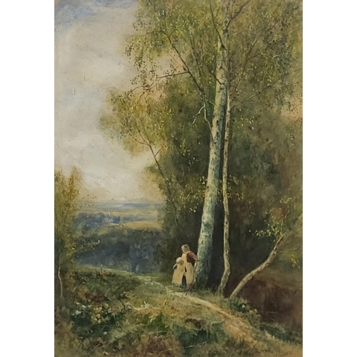 416 - FRED HINES, SCOTTISH, 1875 - 1928, WATERCOLOUR ON PAPER LANDSCAPE
Two figures wearing period attire ... 