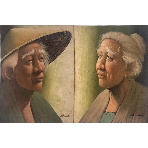 417 - AN EARLY 20TH CENTURY BURMESE/VIETNAMESE SCHOOL OIL ON PALM LEAF LAID TO BOARD
A pair of portrait st... 