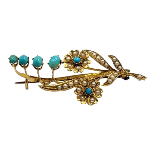 48 - A 19TH CENTURY CONTINENTAL 18CT GOLD, TURQUOISE AND SEED PEARL BAR BROOCH
Graduated cut turquoise st... 