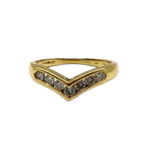 54 - AN 18CT GOLD AND DIAMOND WISHBONE RING
The single row of round cut stones.
(size L/M)

Condition: go... 