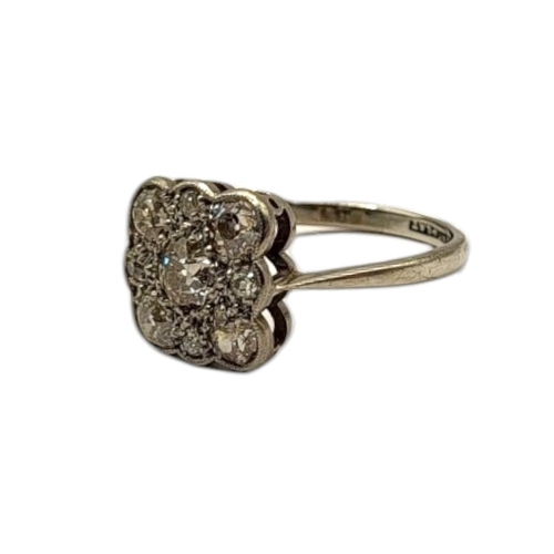 62 - AN EARLY 20TH CENTURY 18CT WHITE GOLD DIAMOND CLUSTER RING
The arrangement of round cut diamonds in ... 