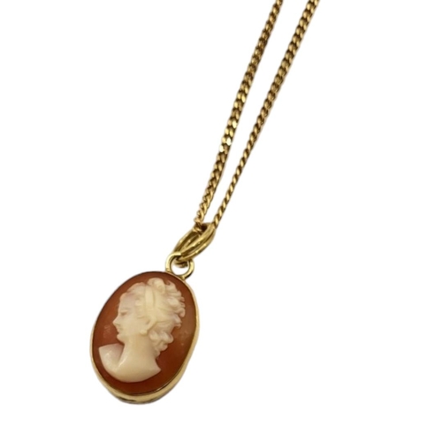 6A - AN 18CT GOLD DOUBLE SIDED CAMEO PENDANT AND 9CT GOLD NECKLACE 
Oval pendant with carved female portr... 