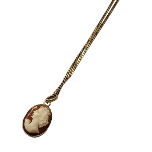 6A - AN 18CT GOLD DOUBLE SIDED CAMEO PENDANT AND 9CT GOLD NECKLACE 
Oval pendant with carved female portr... 