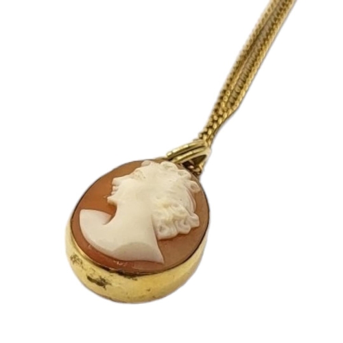 6A - AN 18CT GOLD DOUBLE SIDED CAMEO PENDANT AND 9CT GOLD NECKLACE 
Oval pendant with carved female portr... 