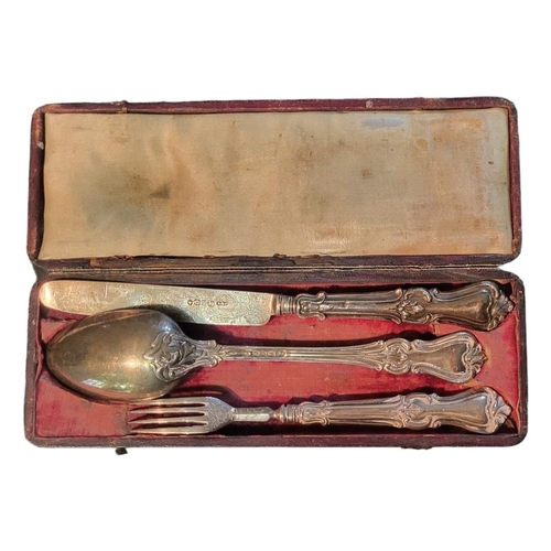 99 - A VICTORIAN SILVER CHRISTENING SET
Comprising a knife, fork and spoon, hallmarked Sheffield, 1840, i... 