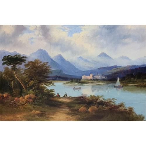 453A - A 19TH CENTURY OIL ON CANVAS, SAILING BOATS ON A SCOTTISH LOCH
With castle and mountains beyond, in ... 