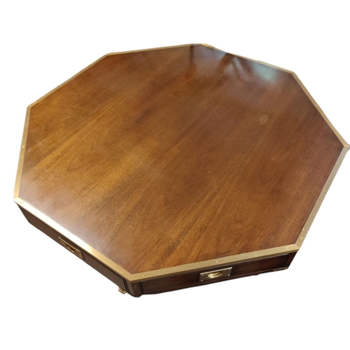 506 - KENNEDY OF IPSWICH. A REGENCY STYLE MAHOGANY AND BRASS BOUND DRUM TABLE, the octagonal top fitted wi... 