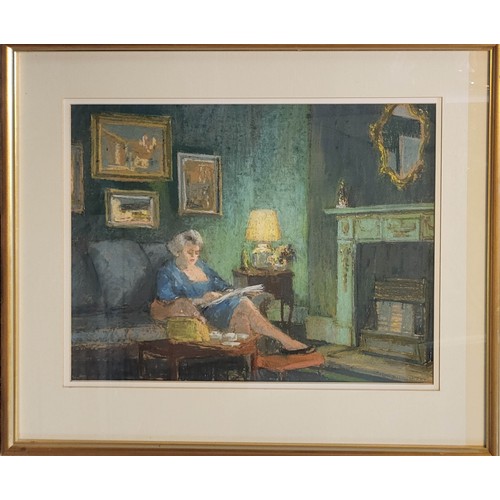 414 - ERIC BRUCE MCKAY, 1907 - 1989, PASTEL ON PAPER 
Interior scene, seated lady reading a newspaper in a... 