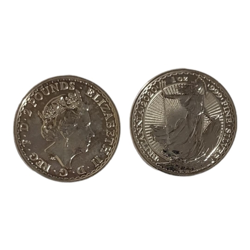 133 - TWO 1OZ SILVER BRITANNIA COINS, DATED 2020 
With Queen Elizabeth II portrait and standing Britannia ... 