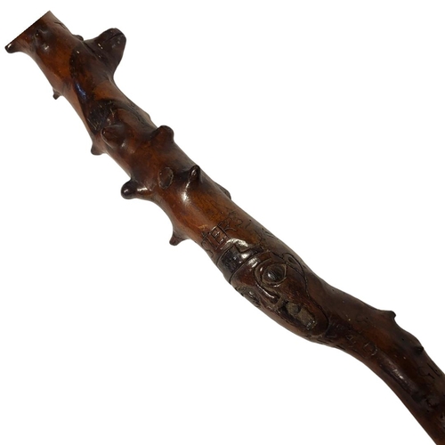 154A - AN UNUSUAL MID 19TH CENTURY CARVED FIGURAL WALKING CANE
Comical mask handle and animal masks to body... 