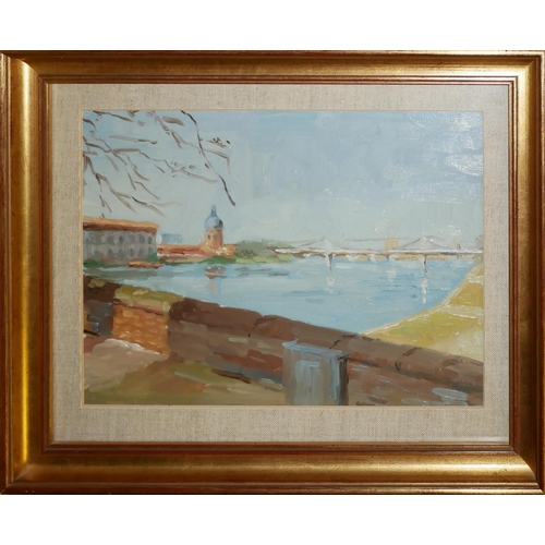 485 - A MODERN FRENCH SCHOOL OIL ON CANVAS LAID TO BOARD, PANORAMIC VIEW OF MEDITERRANEAN PINK CITY OF TOU... 