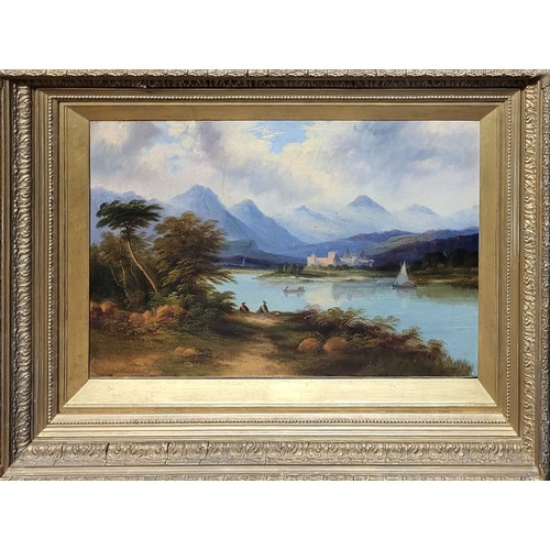 479 - A 19TH CENTURY OIL ON CANVAS, SAILING BOATS ON A SCOTTISH LOCH
With castle and mountains beyond, in ... 