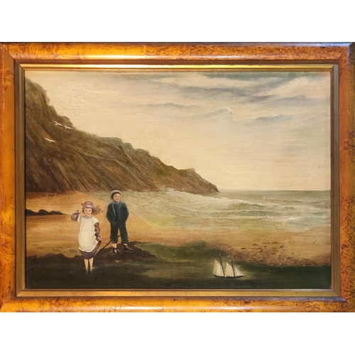 487 - A VICTORIAN OIL ON CANVAS, COASTAL VIEW
Children dressed in period attire with pond yacht, in maple ... 