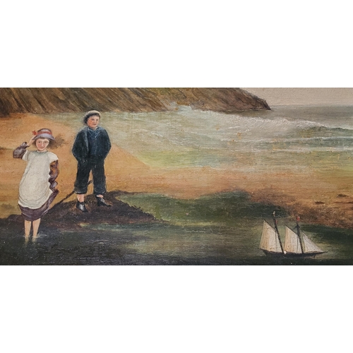 487 - A VICTORIAN OIL ON CANVAS, COASTAL VIEW
Children dressed in period attire with pond yacht, in maple ... 