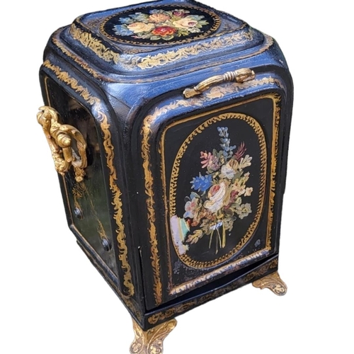 574 - AN EARLY 19TH CENTURY REGENCY PERIOD TOLEWARE COAL SCUTTLE 
Top and front panel painted with a flora... 