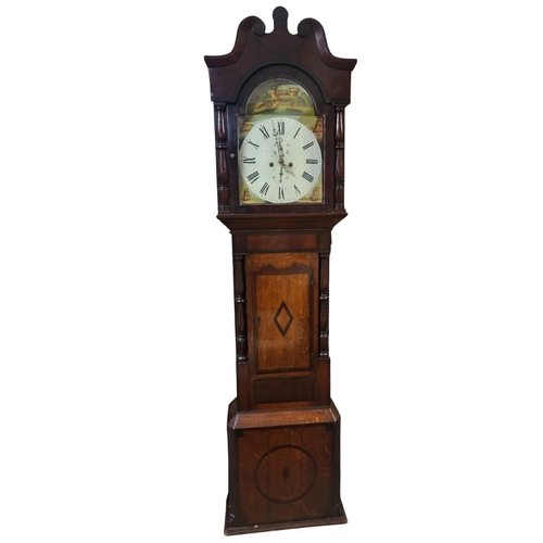 575 - A LATE 18TH/EARLY 19TH CENTURY OAK LONGCASE CLOCK
Having a swan neck arched pediment top, arched whi... 