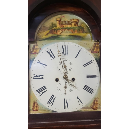 575 - A LATE 18TH/EARLY 19TH CENTURY OAK LONGCASE CLOCK
Having a swan neck arched pediment top, arched whi... 