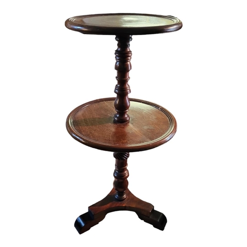 576 - A GEORGIAN MAHOGANY TWO TIER DUMB WAITER
With turned column supports on tripod legs.
(approx 38cm x ... 