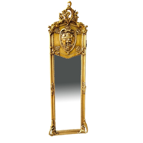 598 - A CONTINENTAL GILT FRAMED MIRROR
With foliage cartouche above a lion mask and bevelled plate.
(50cm ... 