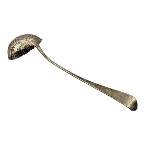 107 - A LARGE GEORGIAN SILVER SOUP LADLE
Having an engraved King George Royal Crest to finial and Rococo s... 