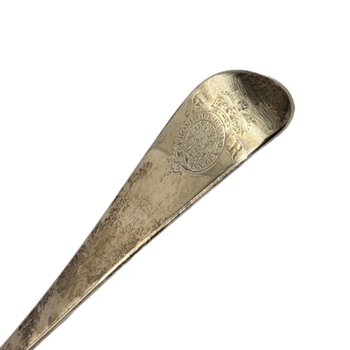 107 - A LARGE GEORGIAN SILVER SOUP LADLE
Having an engraved King George Royal Crest to finial and Rococo s... 