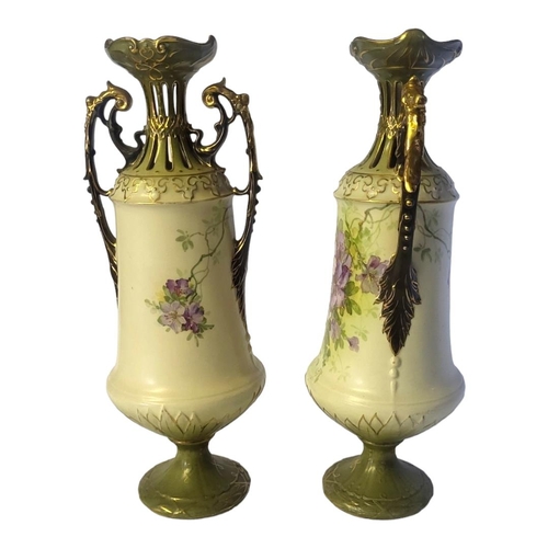 162 - A PAIR OF AUSTRIA BOHEMIAN OF TURN ELABORATE DESIGN PORCELAIN TWIN HANDLED VASES, CIRCA 1880
Both en... 