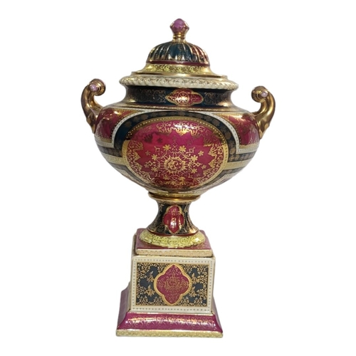 188 - A FINE AUSTRIAN VIENNA STYLE JEWELLED PORCELAIN PEDESTAL TWIN HANDLED VASE AND COVER ON STAND, CIRCA... 