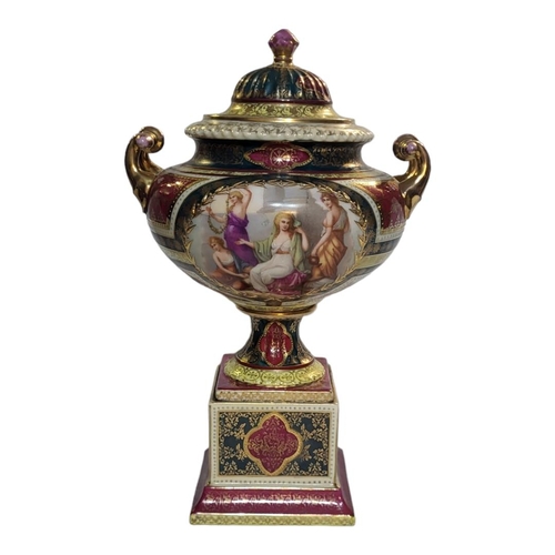 188 - A FINE AUSTRIAN VIENNA STYLE JEWELLED PORCELAIN PEDESTAL TWIN HANDLED VASE AND COVER ON STAND, CIRCA... 