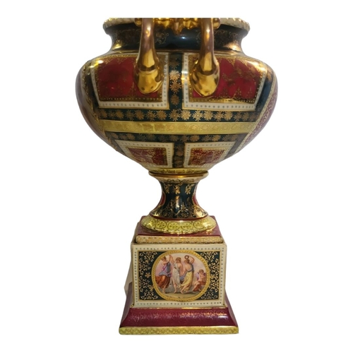 188 - A FINE AUSTRIAN VIENNA STYLE JEWELLED PORCELAIN PEDESTAL TWIN HANDLED VASE AND COVER ON STAND, CIRCA... 