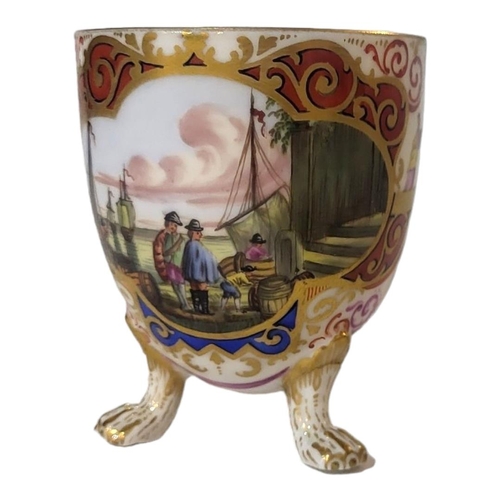 211 - AFTER 18TH CENTURY MEISSEN-BOTTGER STYLE JEWELLED CABINET CUP 
Painted with rustic and harbour scene... 