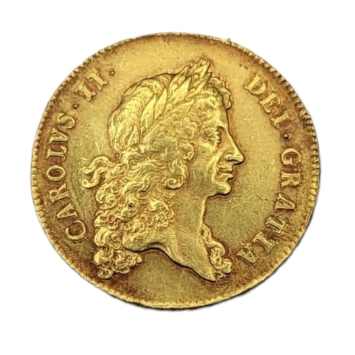 27 - A KING CHARLES II, 1668 - 1678, A 22CT GOLD FIVE GUINEA COIN, DATED 1676
With portrait with laureate... 