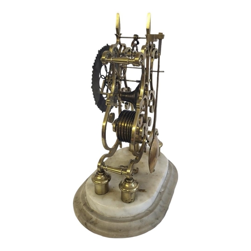 285 - A 19TH CENTURY BRASS SKELETON CLOCK
With fusèe movement, under a glass dome with oval white marble b... 