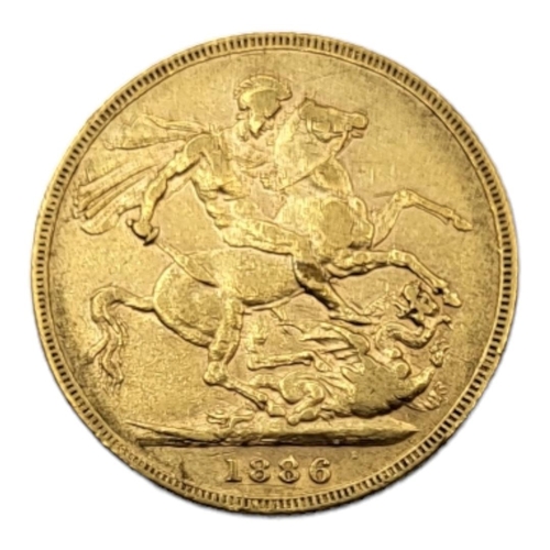 39A - WITHDRAWN A VICTORIAN 22CT GOLD FULL SOVEREIGN COIN, DATED 1886 
With young Victoria portrait bust a... 