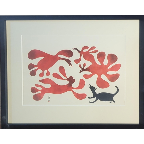 401 - KENOJUAK ASHEVAK, 1927 - 2013, INUIT, CANADIAN, COLOURED PRINT 
(stone cut), titled ‘Dogs See Spirit... 