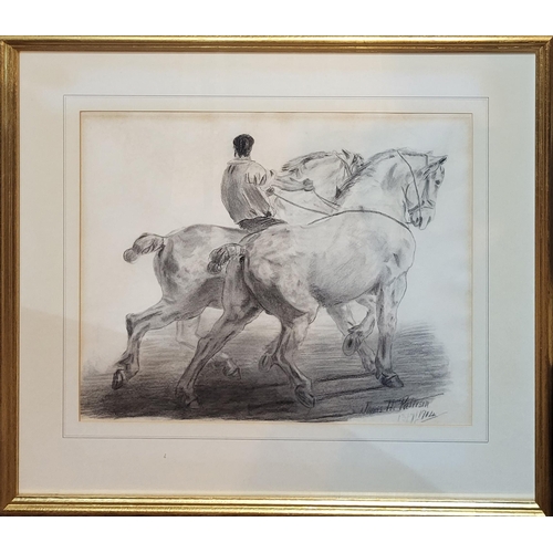 404 - JAMES H. PATERSON, AN EARLY 20TH CENTURY EQUESTRIAN PENCIL SKETCH
Two shire horses with rider, signe... 