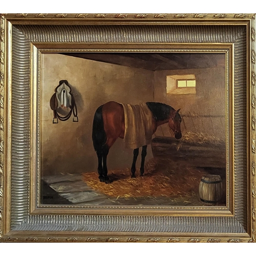 405 - A 20TH CENTURY EQUESTRIAN OIL ON PANEL
Titled 'Braun', chestnut horse in a stable, inscribed lower l... 