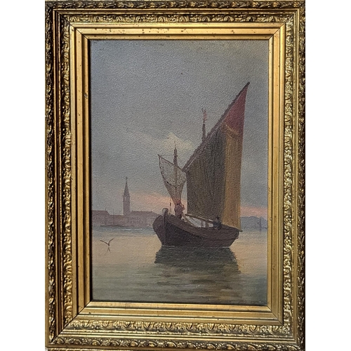 406 - AN EARLY 20TH CENTURY OIL ON PANEL, VENETIAN HARBOUR SCENE
Single sailboat with Santa Maria Ma, bear... 