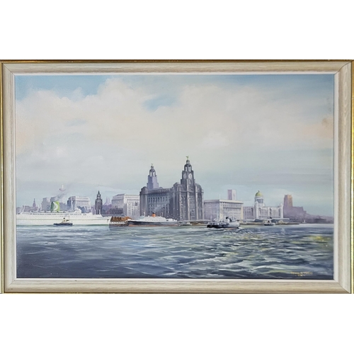 407 - TREVOR R. OWENS, A 20TH CENTURY OIL ON CANVAS 
Landscape, view of Liverpool Liver building from The ... 