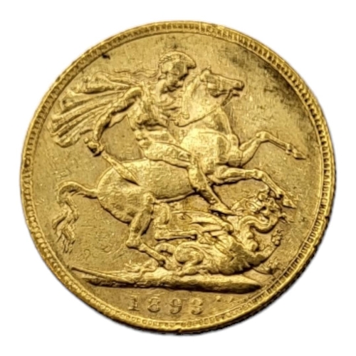 42A - A VICTORIAN 22CT GOLD FULL SOVEREIGN COIN, DATED 1893 
With veiled Victoria portrait bust and King G... 