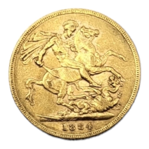 44A - WITHDRAWN A VICTORIAN 22CT GOLD FULL SOVEREIGN COIN, DATED 1884 
With young Victoria portrait bust a... 