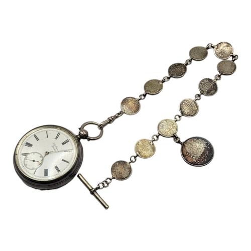 49A - J.W. BENSON, A 19TH CENTURY SILVER GENTS POCKET WATCH AND COIN ALBERT CHAIN
Open face with seconds d... 