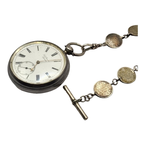 49A - J.W. BENSON, A 19TH CENTURY SILVER GENTS POCKET WATCH AND COIN ALBERT CHAIN
Open face with seconds d... 