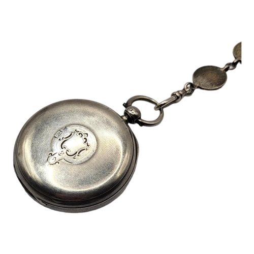 49A - J.W. BENSON, A 19TH CENTURY SILVER GENTS POCKET WATCH AND COIN ALBERT CHAIN
Open face with seconds d... 