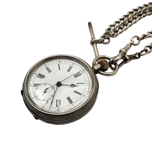 50A - A 19TH CENTURY SILVER GENTS CHRONOGRAPH POCKET WATCH AND ALBERT CHAIN
Open face with seconds dial, o... 